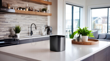 Fototapeta premium Colorful bins for sorting of plastic, paper garbage and organic waste at home. Modern kitchen with a system for sorting waste. Waste Separation Concept. Zero waste. Eco-friendly.