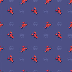 Hand drawn seamless pattern of lobster and wave. Nice print for trendy summer clothes