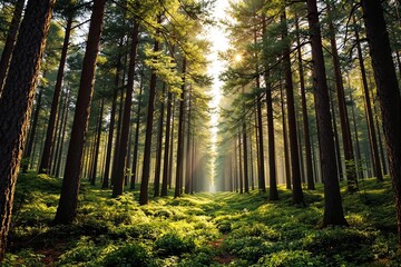 Obraz premium Sunlight filtering through tall pine trees in a lush green forest.