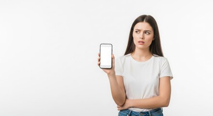 Woman displays blank smartphone screen, looking concerned and thoughtful.