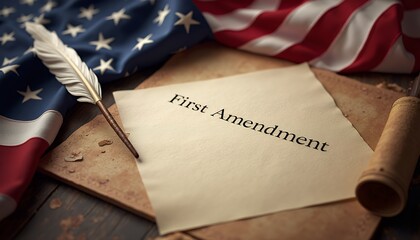 First Amendment text with flag and quill