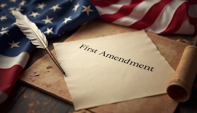 First Amendment text with flag and quill