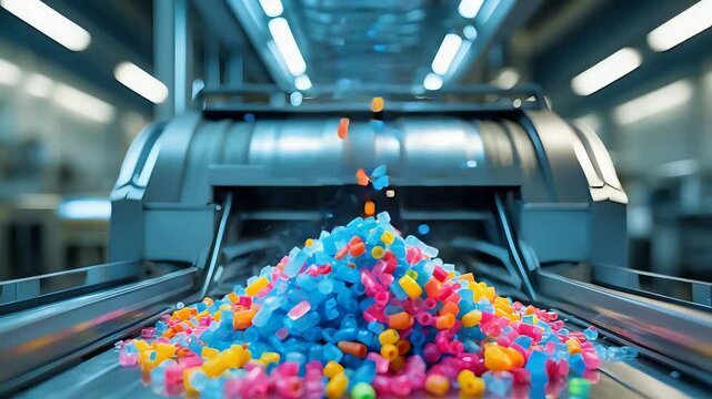 Colorful Plastic Pellets Dropping from Industrial Machine onto Conveyor Belt in Modern Manufacturing Factory Environment

