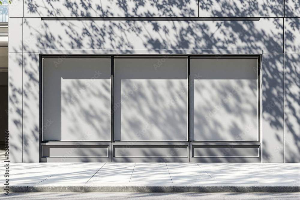 Poster Empty storefront with closed windows and sunlight casting tree shadows on the grey facade.