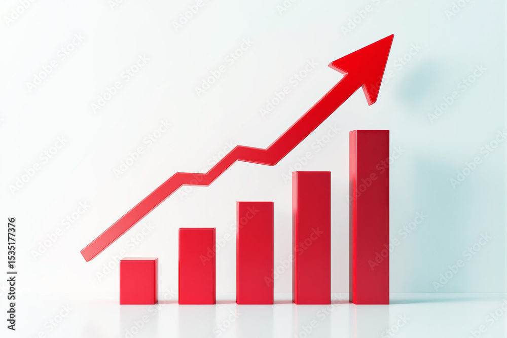 Poster Red 3D bar chart with upward arrow on a light background.