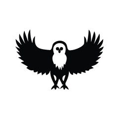 Obraz premium Black and white silhouette illustration of a stylized owl with outstretched wings for design use.