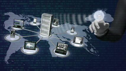 Illustrazione 3D. Uomo, manager, uomo d'affari, Informatico. Sfondo visione digitale del mondo connesso con sistemi informatici. Computer, internet e rete connettono ogni parte del globo. © massimo_g