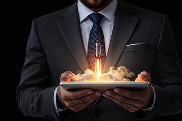 Businessman holding tablet with rocket launching from screen, symbolizing startup growth and innovation.
