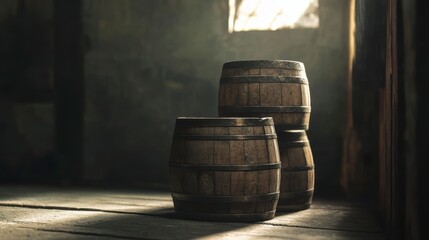 Three aged wooden barrels sit in a dimly lit cellar, sunlight streams through a high window.