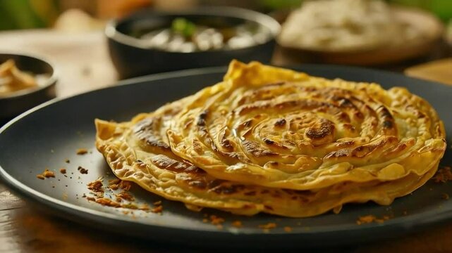 Stack of golden, flaky flatbread on a dark plate, with other food dishes blurred