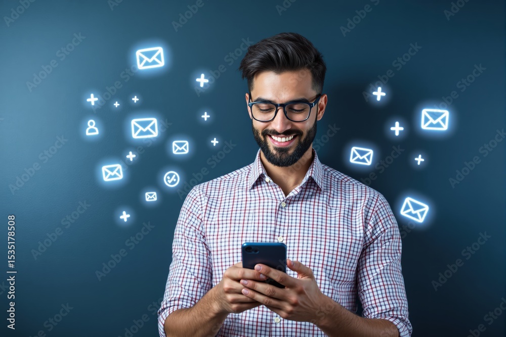 Poster smiling man using smartphone with glowing email icons on dark background.