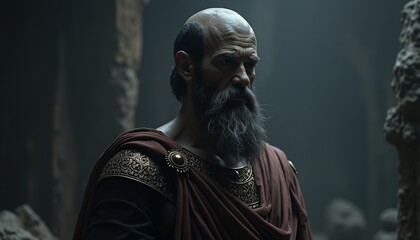 Naklejka premium Man with Beard Wearing Toga in Dark Setting
