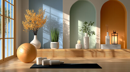 Zen room interior: Calm and peaceful scene with light and shadow. Mat and yoga equipment in room interior with plants.