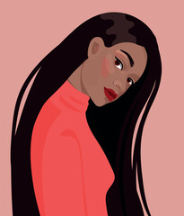beautiful African American black girl in pink longsleeve with a long hair on her head. Avatar for social media. 