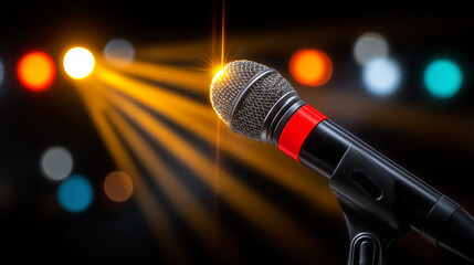 Obraz premium Microphone on Stage: A microphone stands bathed in the bright spotlight of a stage, ready to amplify the voice of the performer to the captivated audience.
