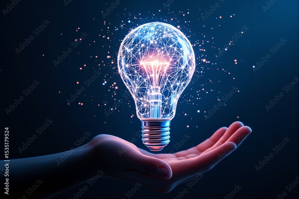 Poster Futuristic glowing light bulb with a digital network effect floating above an open hand.