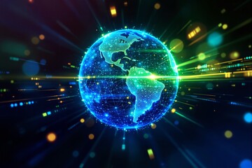 Obraz premium Glowing digital Earth with data network connections and light streaks.