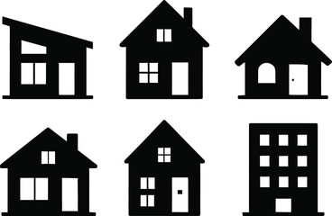 A set collection of black house silhouettes on a white background featuring various styles: modern home, traditional house, cottage, villa, townhouse, and apartment block 