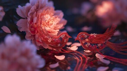 Obraz premium Intertwined Red Silk Threads with Magpie Motifs Under Candlelight, Soft Pink Peony Petals on Velvet Background - Romantic Qixi Festival Scene