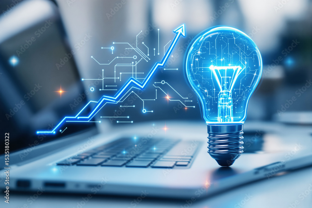 Poster futuristic glowing light bulb with digital circuit pattern beside a rising graph on a laptop, symbol