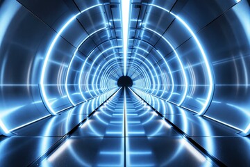 Futuristic glowing tunnel with blue neon lights and metallic walls.