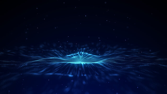 3D futuristic circle wave. Abstract digital background. Glowing music sound wave with dots and lines. Technology backdrop with moving particles. Graphic effect network connection. 3D rendering.