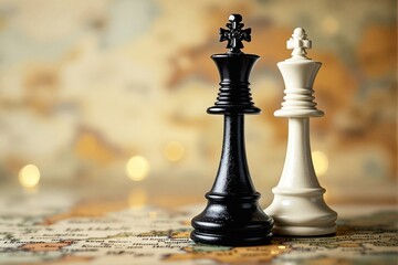 Black and white chess kings on a world map background.
