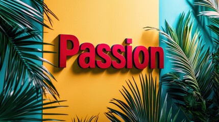 Obraz premium Bright red passion sign on vibrant yellow and teal background surrounded by lush green leaves in an indoor space