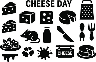 Black silhouette icon set for Cheese Day. Includes solid black icons of cheese wedges,