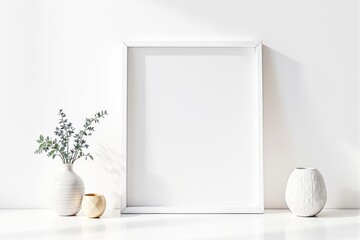 Blank white picture frame mockup with decorative vases on a white background.