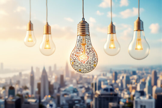 Abstract light bulbs with business icons against a city background.