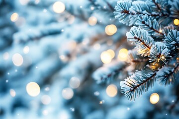 Snow-covered pine tree branches with warm glowing lights in winter atmosphere.