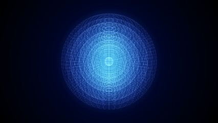 Abstract sci-fi sphere with particles. Technology network connection on world. Futuristic illustration. Global digital connections ai. 3D wireframe geometric sphere. 3D rendering.