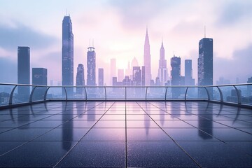 Futuristic empty rooftop with city skyline at sunrise.