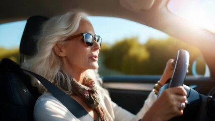 Mature woman driving car with smile. Senior driver looking away side window on sunny day road. Female enjoying summer travel, journey, weekend trip.