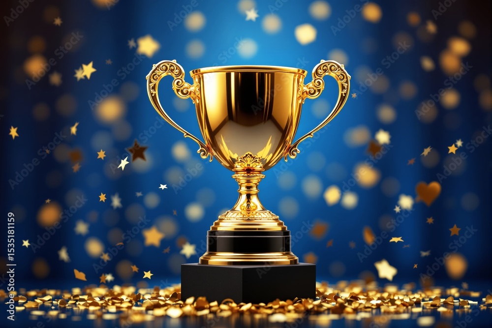 Poster golden trophy with intricate handles on black base, surrounded by gold confetti and stars. blue back