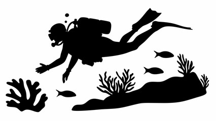 Silhouette of a scuba diver exploring the underwater world with coral reef and swimming fish in the ocean water | eps vectors