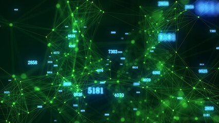 Global network connections. Abstract neural networks cyberspace. Futuristic grid artificial intelligence with digital indicators. Technology cyber dynamic. 3D rendering.