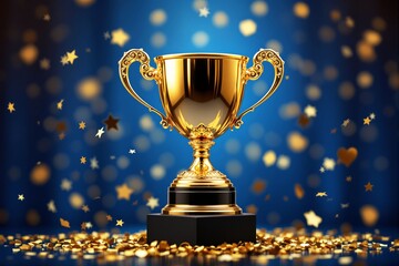 Golden trophy with intricate handles on black base, surrounded by gold confetti and stars. Blue background with bokeh lights.