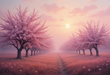  Blush Blossom Meadow A Serene Orchard Bathed in the Soft Light of Dawn, Rendered with a Painterly and Romantic Sensibility.