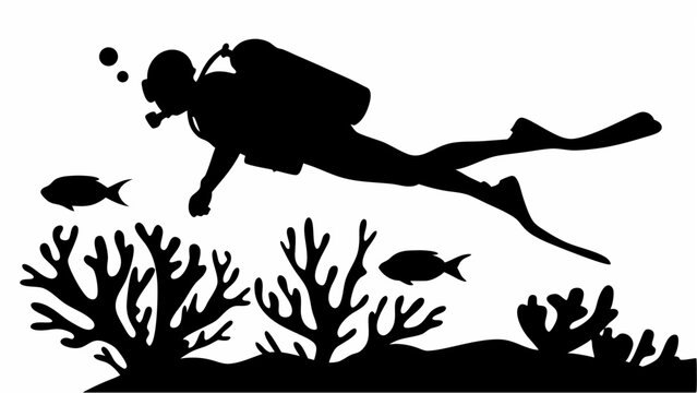 Silhouette illustration of a scuba diver swimming with fish and coral in the ocean depths underwater scene | eps vectors