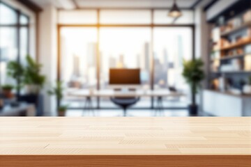 Wooden table with blurred modern office background.