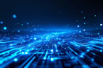 Futuristic digital landscape with glowing blue circuits on dark background.