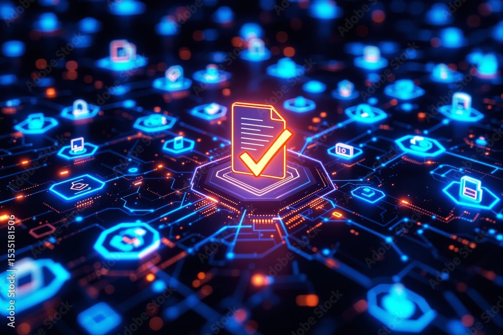 Leinwandbilder digital document verification concept with glowing checkmark icon.