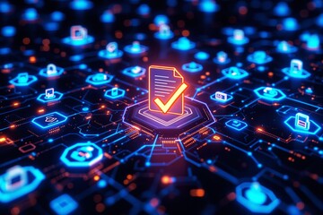 Digital document verification concept with glowing checkmark icon.