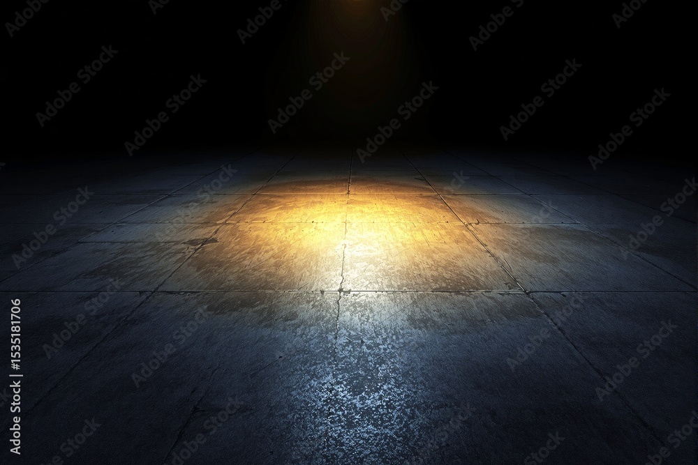 Poster dramatic spotlight on textured concrete floor in dark empty space.