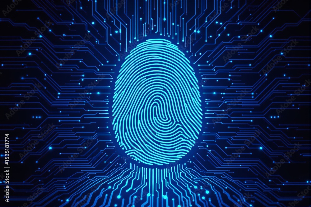 Aufkleber glowing digital fingerprint with circuit connections on dark background.