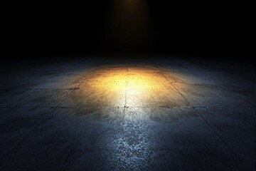 Dramatic spotlight on textured concrete floor in dark empty space.