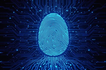 Glowing digital fingerprint with circuit connections on dark background.