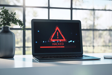 Cybersecurity warning with exclamation mark and hacked alert on laptop screen in office setting with digital glowing hologram effect. 3D Rendering